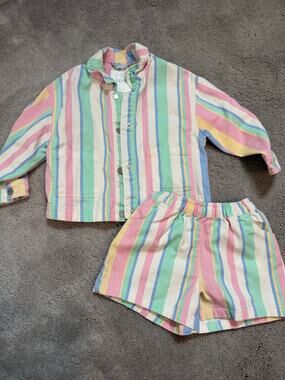 NEXT Girls Striped Denim Matching Short Set Jacket Size 2/3 Pastel
